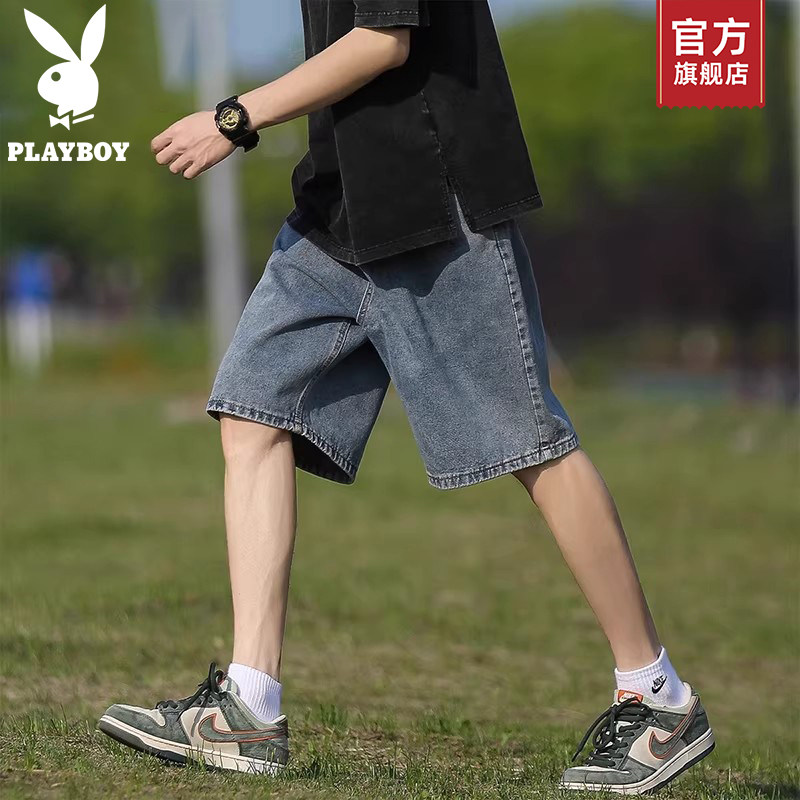 花花公子美式复古牛仔短裤男士夏季薄款宽松直筒休闲五分中裤子K