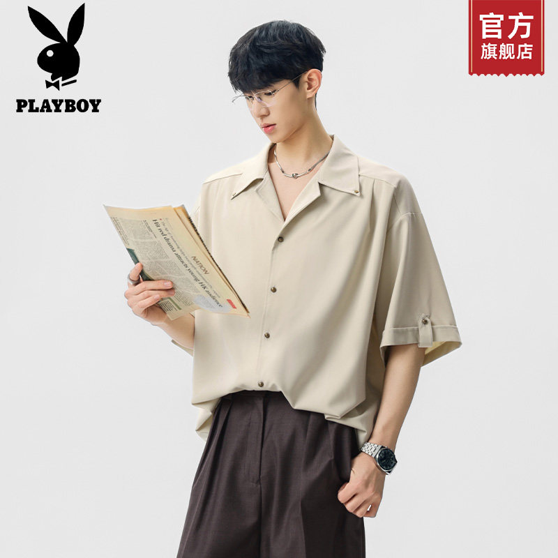 PLAYBOY/花花公子古巴领短袖衬衫男士夏季2026新款开衫半袖衬衣K
