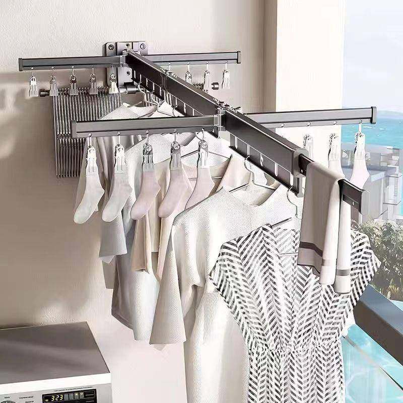 免打孔阳台折叠晾衣架家用壁挂收缩晾衣杆室内外伸缩晒被可折叠