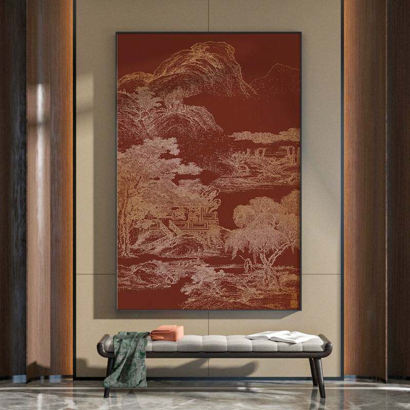 新中式装饰画客厅玄关壁画红色山水抽象肌理线条艺术感挂画