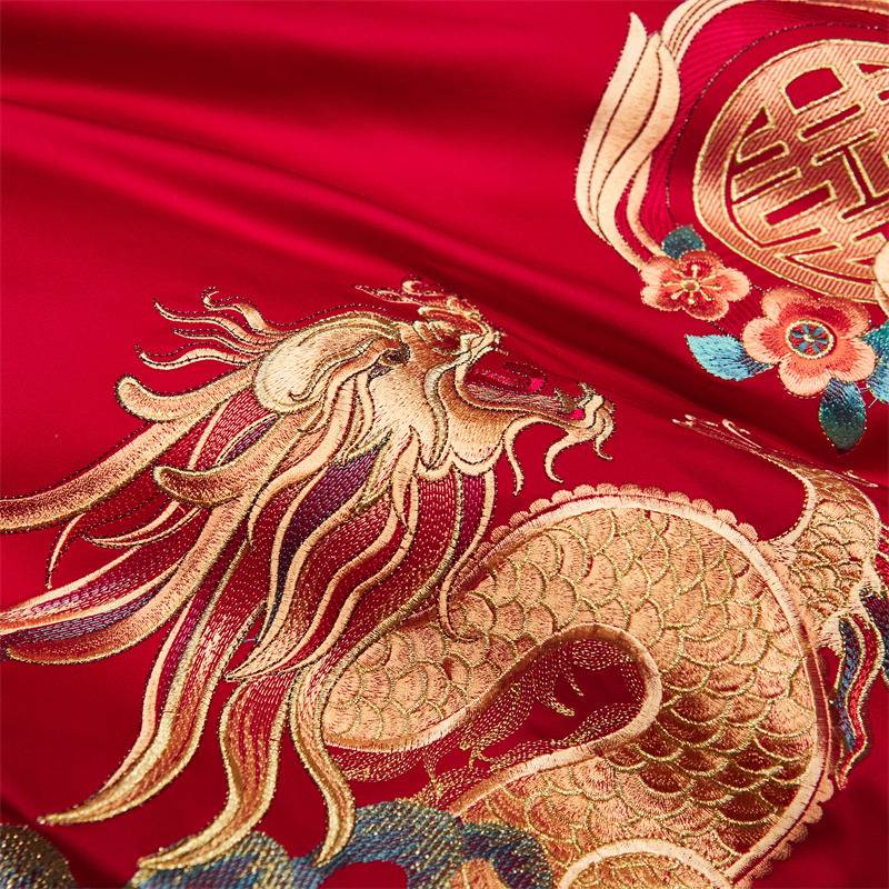 结婚百子图婚庆四件套全纯棉大红喜被床上用品婚陪嫁妆龙凤六件套