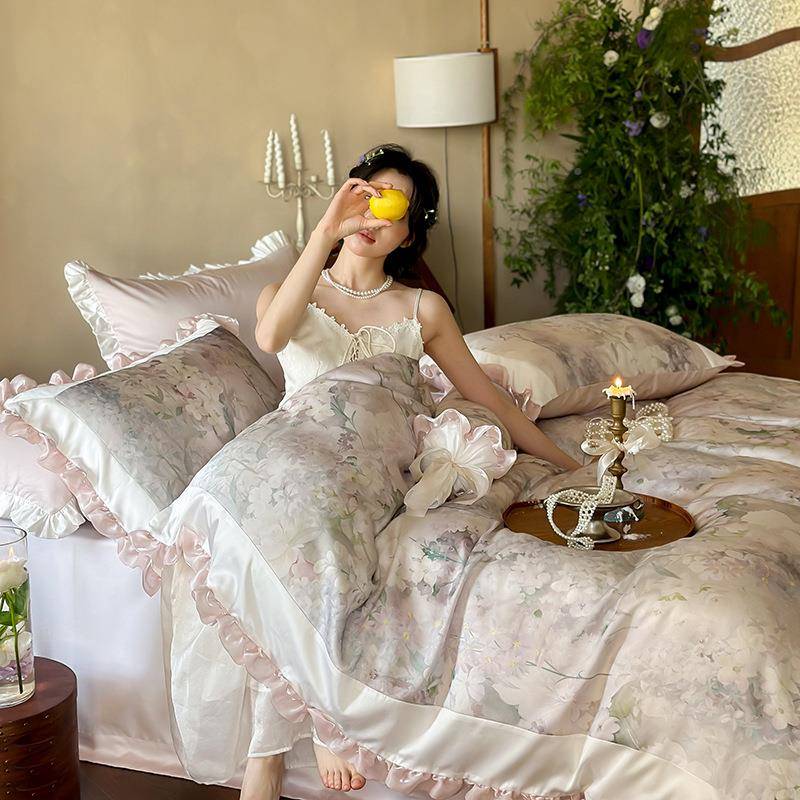 漫漫花开|感ali-568法式田园丝风精裸睡滑天丝棉四件套兰天丝夏