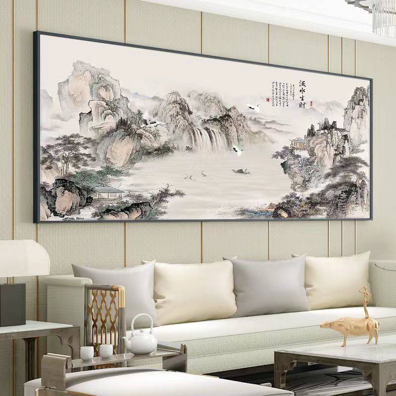 流水升才山水靠山办公室风景挂画中式客厅装饰画l1s