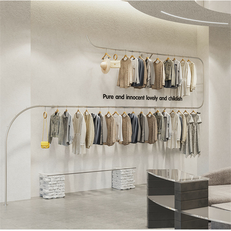 不锈钢双层服装展示架落地上墙