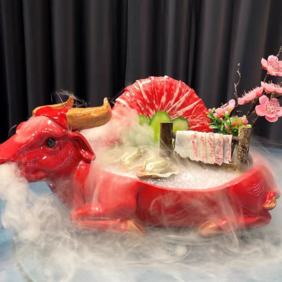 酒店商用干冰树脂牛气冲天火锅盘