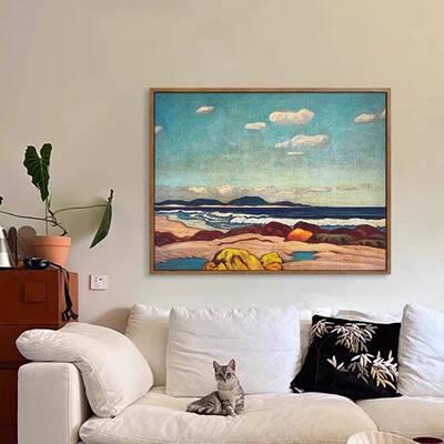 VSION《|金滩浩渺》中I古法厅式客纯手绘挂画小TGB众复古餐厅装饰