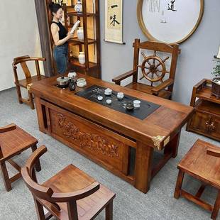 老木茶桌船椅组合家用套客厅KLU实木茶几办装 一公室茶台体复古原