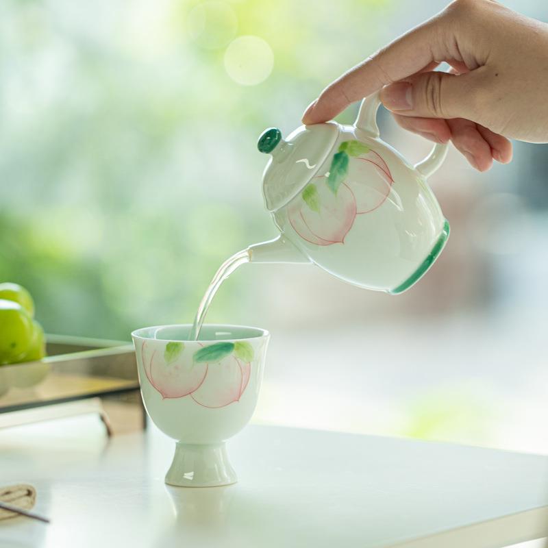 泥述高白瓷手绘蜜桃茶彩壶釉下寿桃梨形壶小直壶家用人泡nmt茶茶