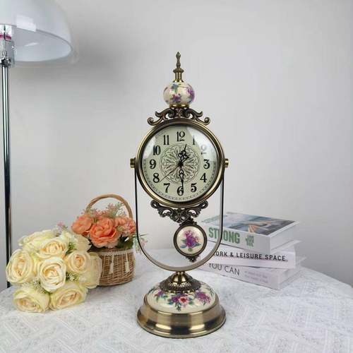?欧复古客厅桌面钟表座摆件静轻奢大气时尚式创意钟家用NWS金属音