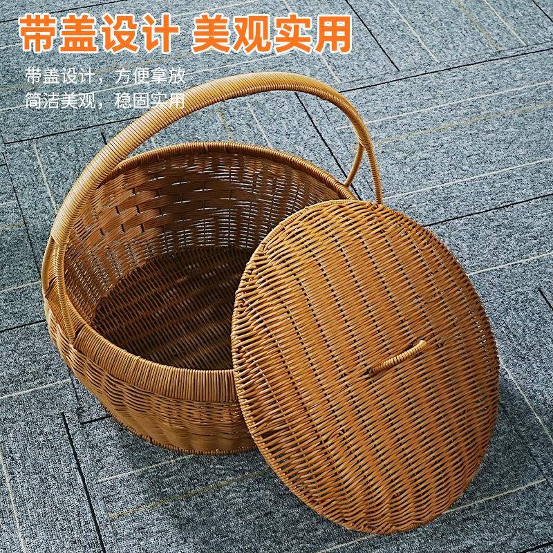 野HX13形手提带盖手工餐户外篮子圆仿藤编织拜提篮家用拜买菜带饭