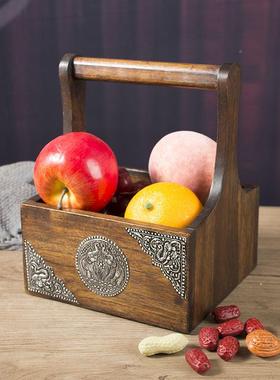 泰古国实木手提果桌面收纳篮调味架干水果篮客厅家TL010045篮用复
