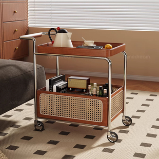 可移动边几小推车家用客厅中古风实木收纳置物架沙发边柜铁艺桌子