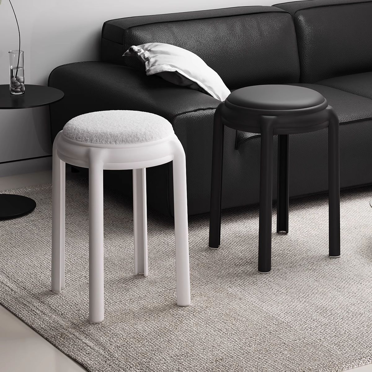 塑料凳子家用加厚可叠放软包圆凳现代简约客厅餐桌高板凳轻奢椅子