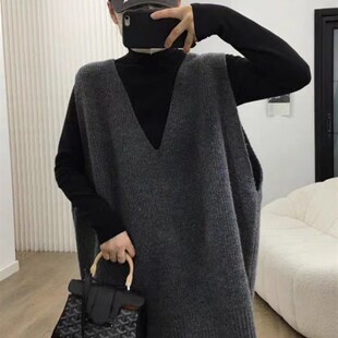 2024秋冬韩版大码宽松针织中长款V领羊绒马甲背心女叠穿毛衣坎肩