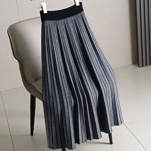 高级感拼色两面穿针织半身裙秋冬垂感显瘦中长款羊毛针织百褶裙子