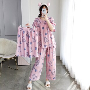 三件套睡衣女加大码绵绸短袖短裤夏季胖MM200斤S宽松长裤家居服女