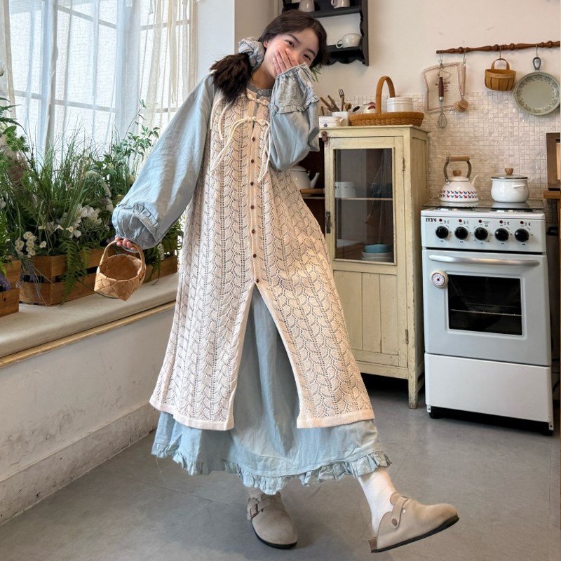 大码女装2025春季新中式盘扣马甲背心裙+木耳边宽松连衣裙两件套