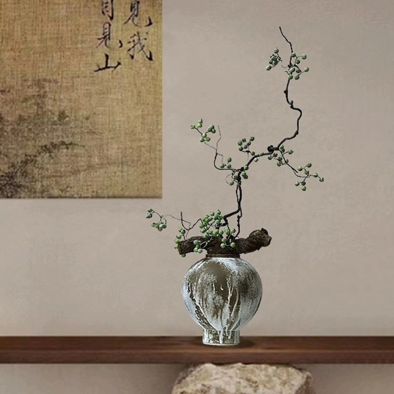 中古侘寂风陶瓷花瓶客厅插干花民宿酒店宋代美学高级装饰摆件假花
