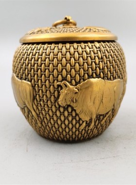 仿古工艺品黄铜存钱罐五牛图储物罐茶叶罐多功能中药存储罐摆件