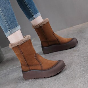 加绒加厚保暖棉j靴厚底翻折两穿短靴头层牛皮复古雪地靴女秋冬新