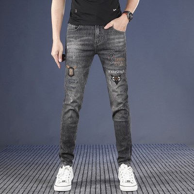2025夏季薄款刺绣牛仔裤男款烟灰色修身小脚弹力潮流休闲男士长裤