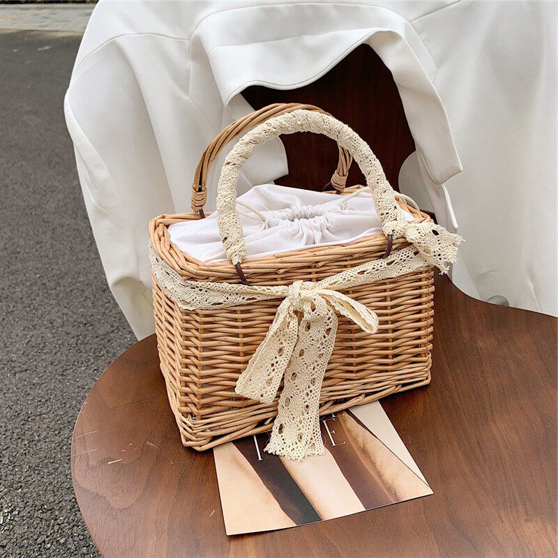 高级感包包女时尚草编包2021新款潮珍珠手提包竹编织包链条斜挎包