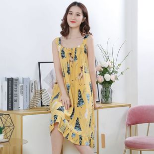 吊带睡裙少女夏纯棉绸加长可爱人造棉韩版 宽松绵绸清新学生连衣裙