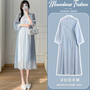 春秋 遮肚减龄潮妈2024新款 孕妇连衣裙两件套新中式 国风旗袍中长款