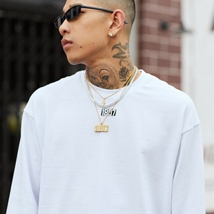 1807秋季新款白色宽松休闲情侣纯棉内搭圆领套头长袖男女打底衫