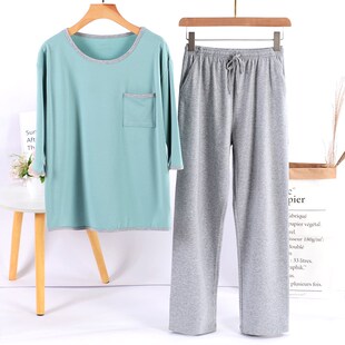 春夏季新品女士睡衣家q居服套装薄款纯色起居服中袖长裤宽松居家