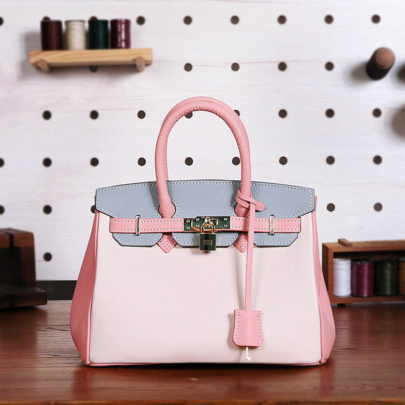 diy手工包真皮高品质2021手提包女经典拼色荔枝纹头层牛皮铂金包