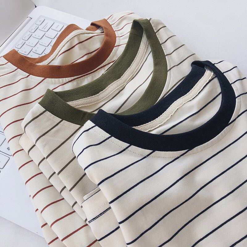 JU显白!温柔米色条纹短袖t恤女透气夏季宽松显瘦纯棉打底衫上衣