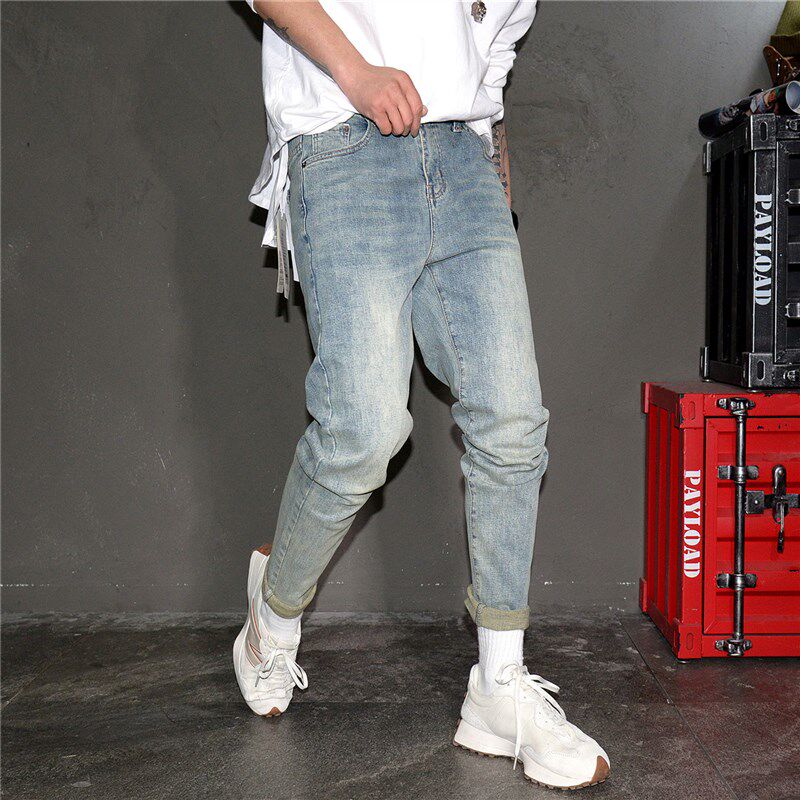 复古蓝色做旧水洗修身小脚牛仔裤男青年潮流高街日韩休闲弹力长裤