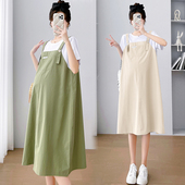 夏装 孕妇装 T恤长裙宽松大码 减龄假两件背带裙短袖 夏天连衣裙时尚