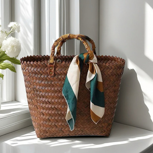 复古仿藤编大容量手提包手工编织包仿竹节把草编包沙滩包菜篮子包