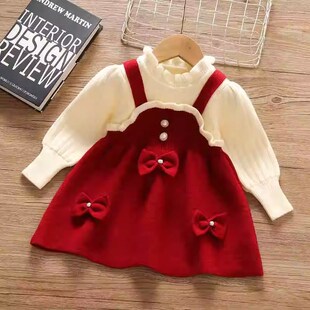 女童针织衫连衣裙秋冬装新款洋气公主风儿童裙子女孩假两件毛衣裙