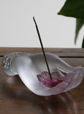 古法琉璃白色佛手持莲香插香道用品沉香线香莲花插座家居摆件供具