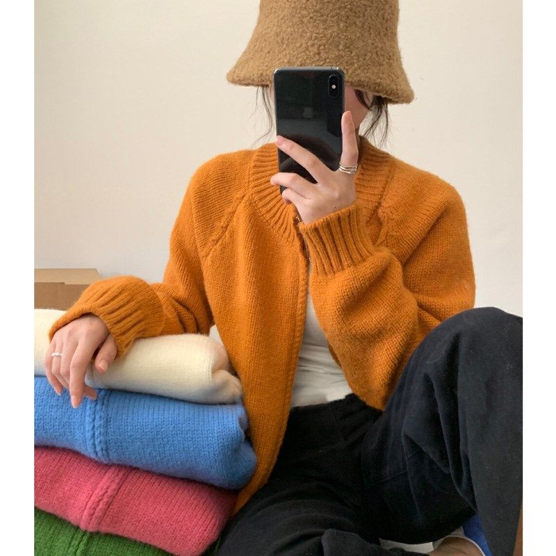 自制南瓜橘色日系针织开衫女冬厚小个子慵懒风高级感软糯毛衣外套