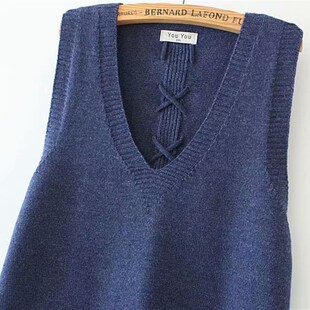 2023春季新款女士马夹胖MM韩版中长款后背穿绳下摆彩纽扣针织背心