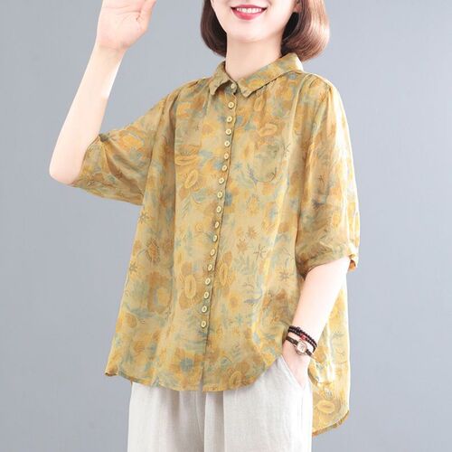 中年妈妈夏装棉麻套装2025夏季新款高端碎花衬衫大码亚麻两件套装