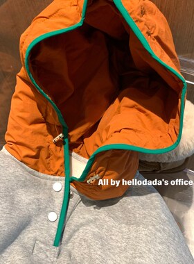现货韩国2024秋冬季新款加绒加厚好版型橙色连帽灰色撞色宽松卫衣