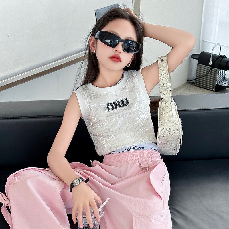 女童背心亮片洋气时髦外穿短款炸街舞短款夏女孩儿童吊带无袖上衣