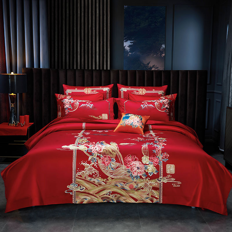 高档100支新中式婚庆四件套 大红刺绣纯棉全棉结婚床上用品十件套