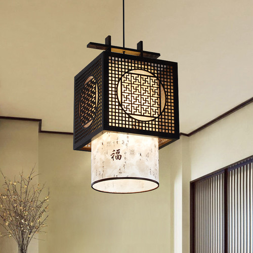 现代中式吊灯木艺餐厅仿古灯玄关羊皮灯饰复古中国风阳台古典灯具