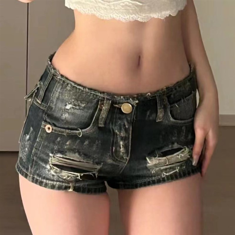 夏季辣妹低腰牛仔超短裤女网红新款紧身包臀洗水破洞牛仔短裤热裤