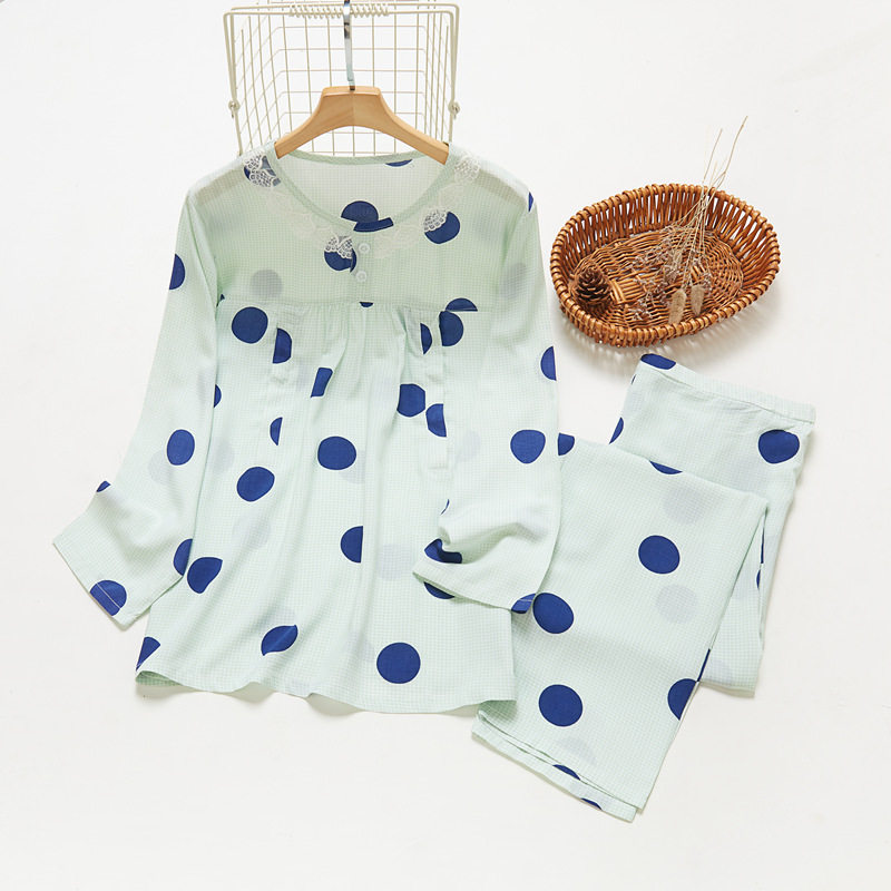 月子服夏季薄款产后绵绸5六月份7孕妇哺乳睡衣棉绸长袖套装人造棉