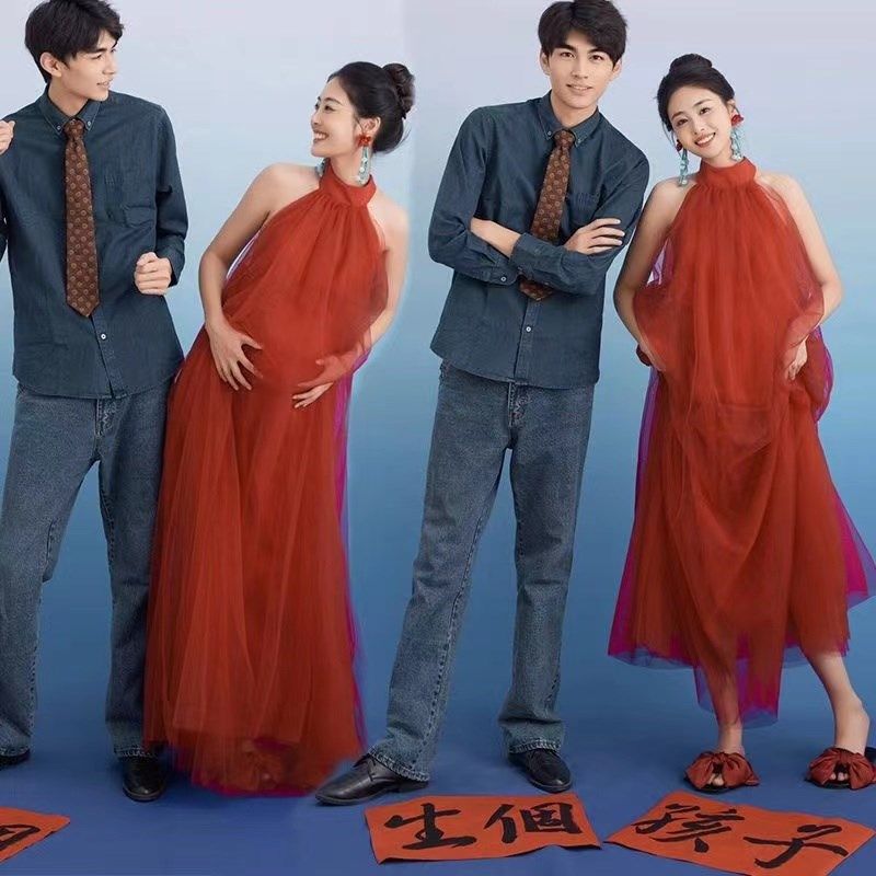 影楼超仙海边无袖挂脖红色连衣裙孕妇夏季露肩高腰长裙子女