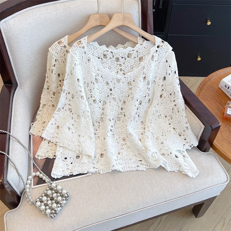 法式设计感蕾丝镂空短袖t恤女夏季夏季新款大码胖mm防晒罩衫上衣