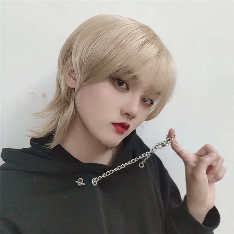 韩系假发现货短发网红鲻鱼头男女可戴帅气狼尾化纤假发全头套