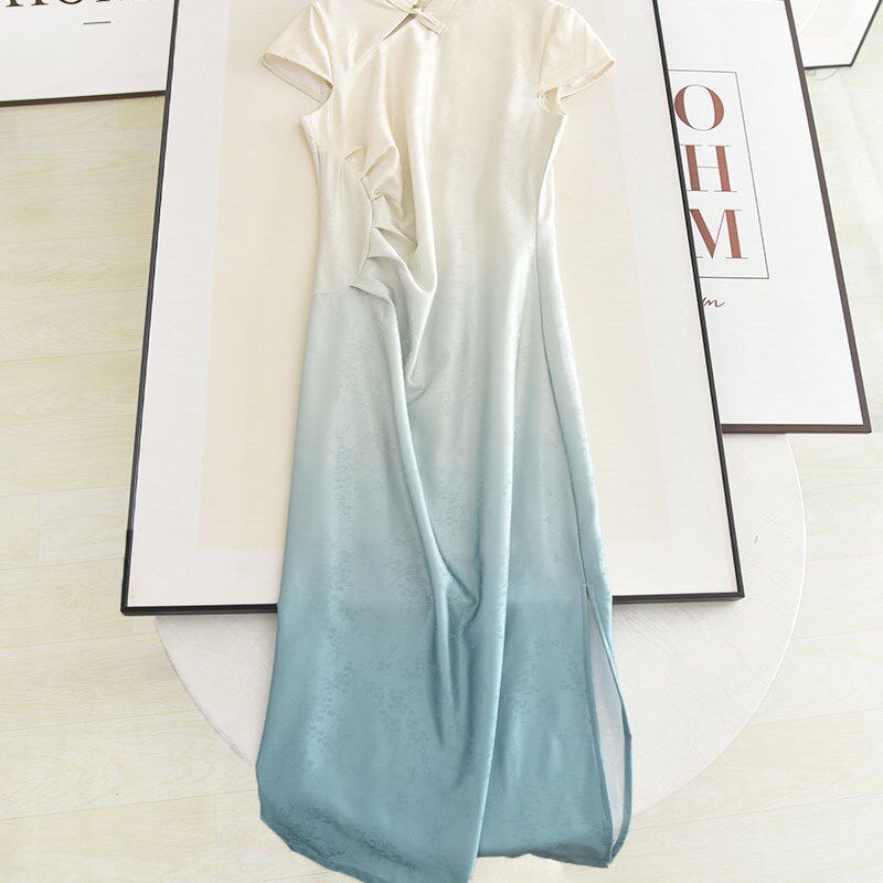 彩系2024夏高级感新中式斜襟盘扣立领渐变色改良版旗袍裙连衣裙